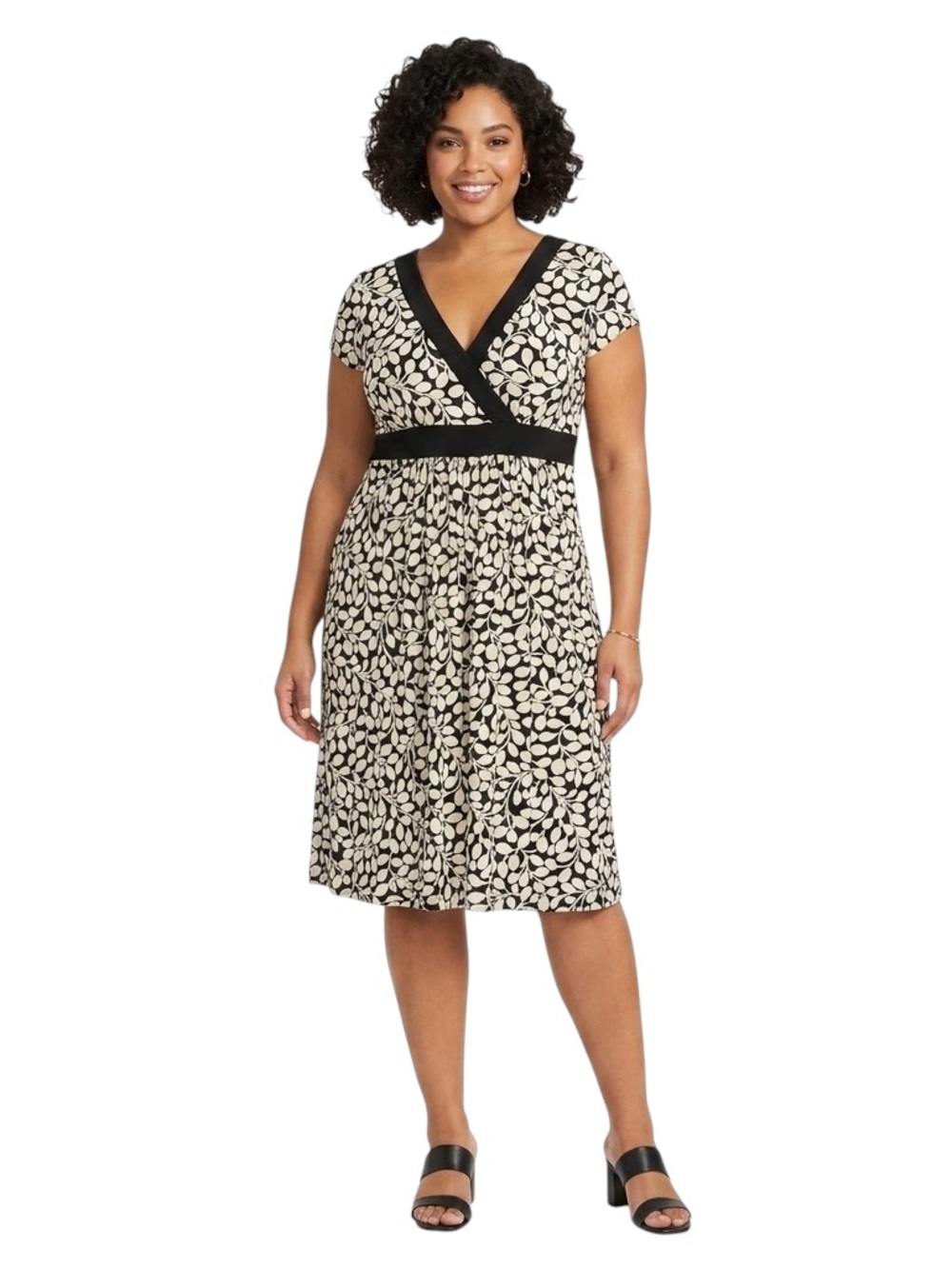 Maggy London Black and White Floral Leaf Print Surplice Empire Waist Dress NWT - Picture 1 of 8